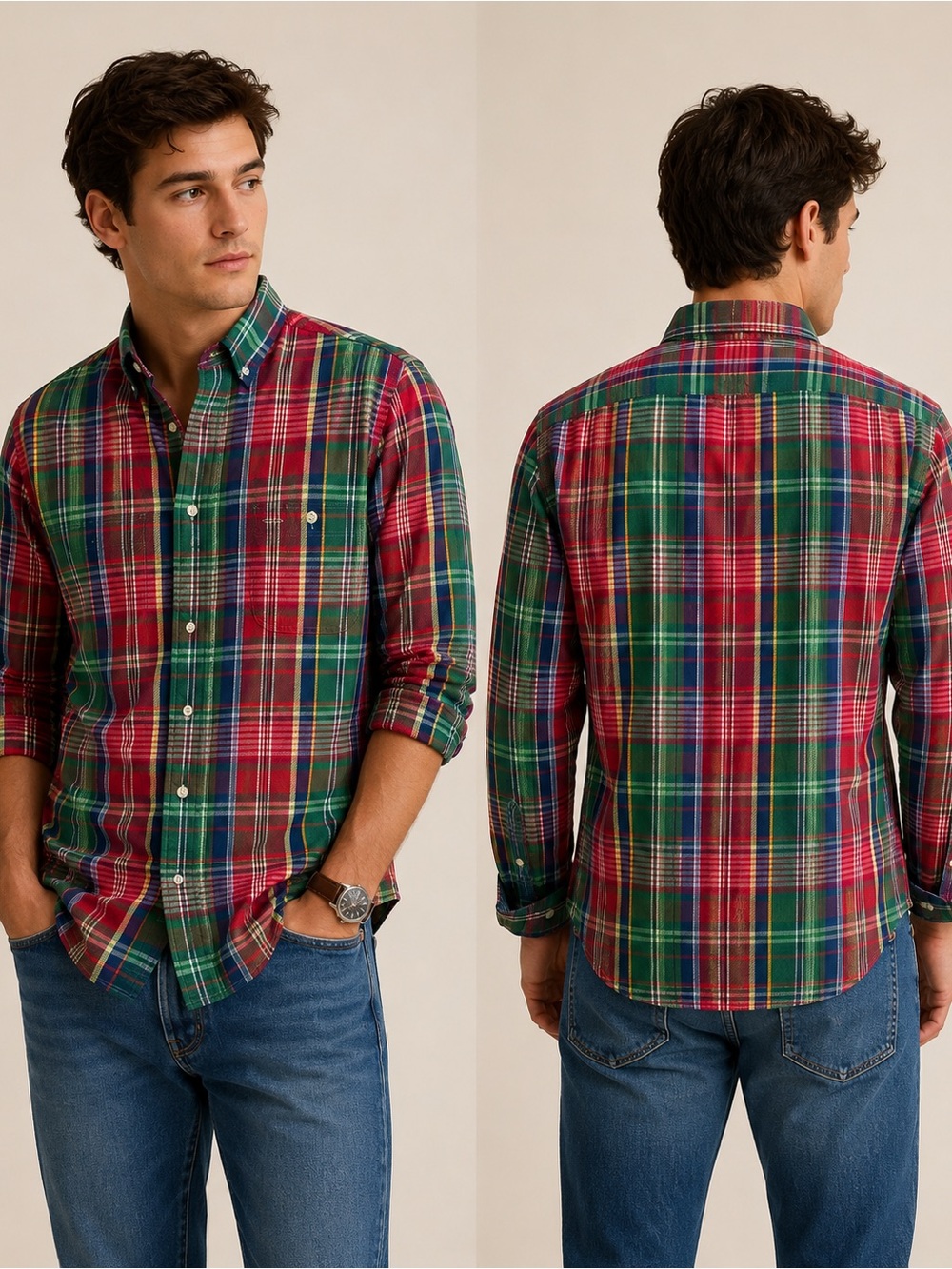 Polo Ralph Lauren Classic Fit Plaid Flannel Button Down Shirt  Red Green Tartan